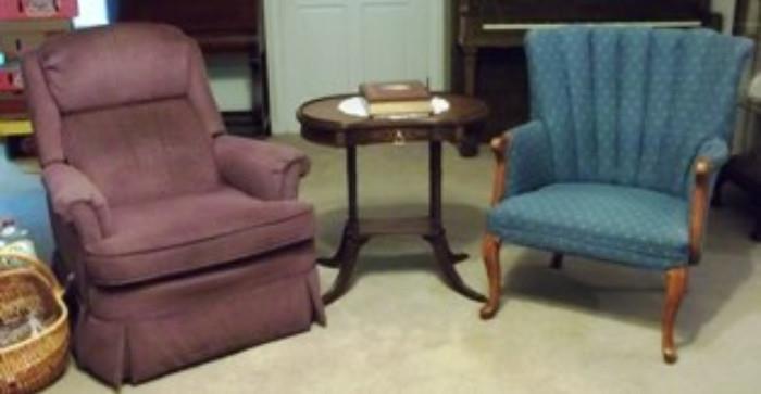 Recliner, wing back chair, and vintage side table