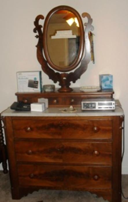 1800s Burl Walnut dresser with swivel mirror and yoke