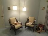 Pair of Cane Chairs, Indian Pillows, Hanging Lamps