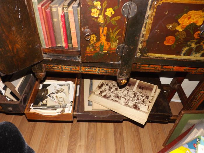 More books, trays of antique and vintage photographs and doors of antique 19th century console table