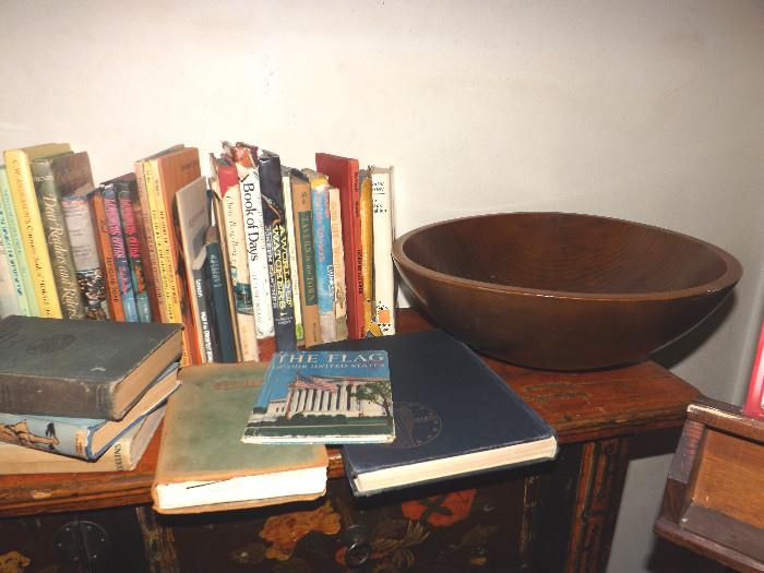 More books. Large handcrafted wooden bowl