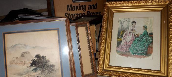 Assorted vintage prints and lithos and four vintage Chinese watercolors (four seasons)
