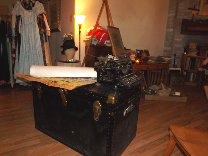Large old steamer trunk. Underwood typewriter