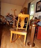 Heywood Bros Wakefield company birds eye maple rocker (ladies or parlor). Art deco copper ashtray/stand from hotel or theater in Chicago. (Greene & Greene)
