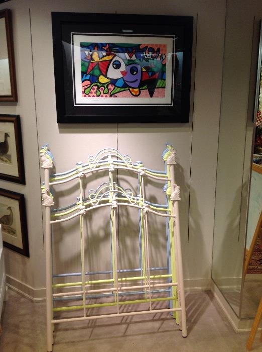 Signed and numbered Romero Britto lithograph and three cast iron twin beds with rabbit motif (bed frames are present.