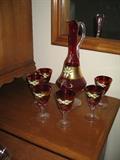 Hand Painted Ruby Glass Cordial & Decanter