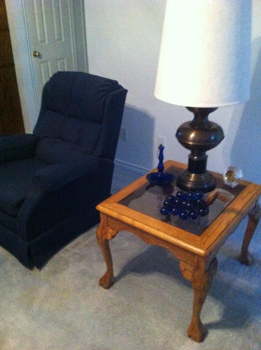 Blue recliner, End table