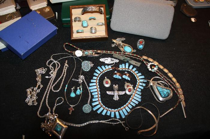 LOADS OFINDIAN  SILVER AND TURQUOIS JEWELRY