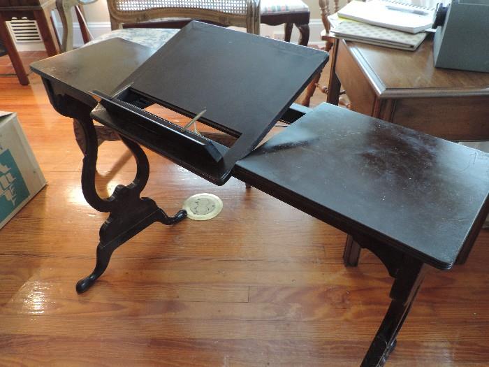 Vintage Desk: Ebonized with Collapsible Book Stand: Harp Style Legs