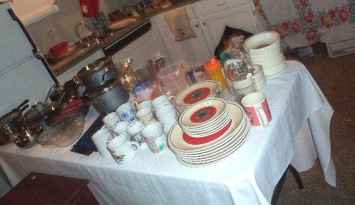 Pots and Pans on Left, to Right: Lenox Stattatto China
