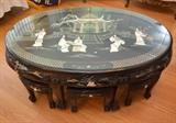 Chinese Lacquer Inlaid Coffee Table with Stools & Glass Top