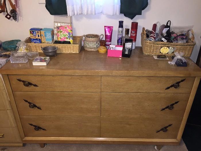 LONG BLONDE WOOD DRESSER AND BEAUTY PRODUCTS