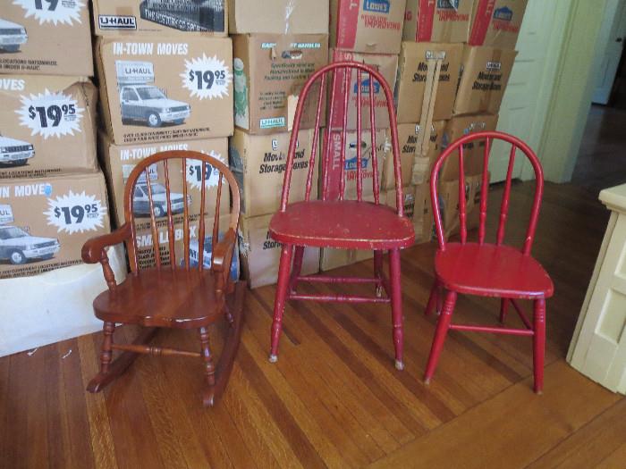 Childs Rocker and 2 Vintage Red Painted Chairs 