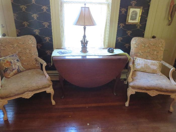 Pair of Arm Chairs and Period Drop Leaf Table 