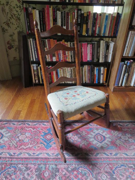 Super Tiger Maple Sewing Rocker with Needlepoint Seat 