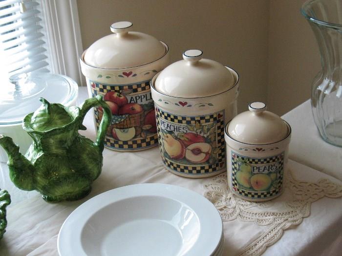 Susan Winget Canister Set. Teapot, Soup Plates/Bowls