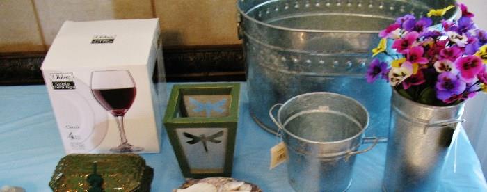  Large Tin Ice-Tub for Cool Drinks, Assorted planters, candleholders and wine glasses.  All new.