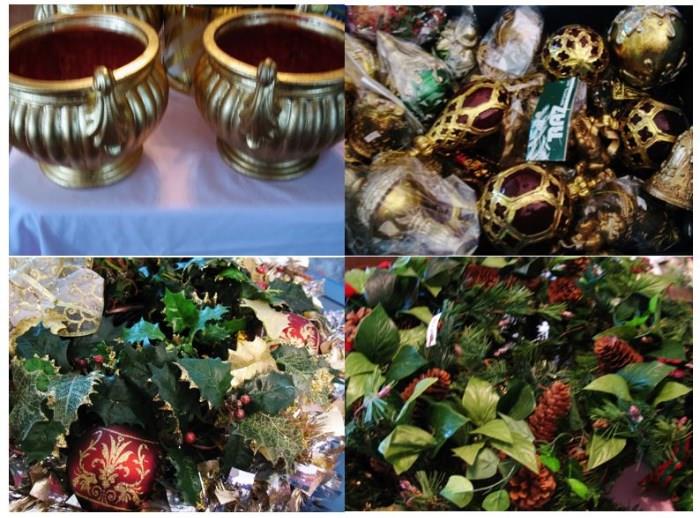 Gold Leaf Planters, Bunches of Gorgeous Ornaments, Beautiful Centerpieces, Variety of Wreaths