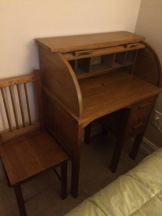 child's oak roll top desk & chair