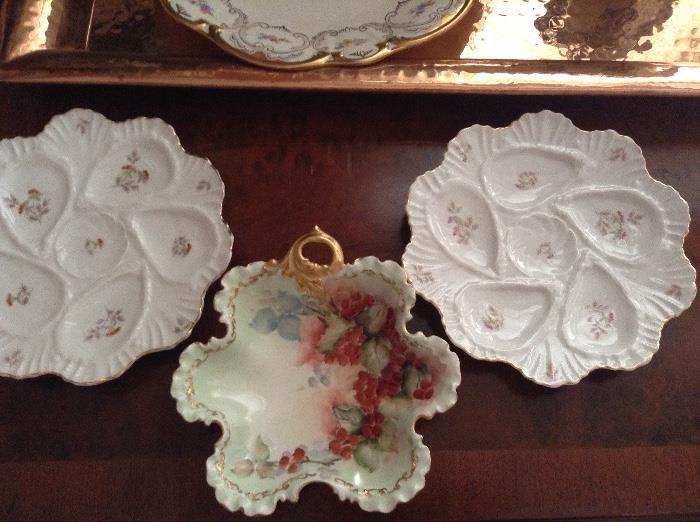 Antique oyster plates & other hand painted pieces