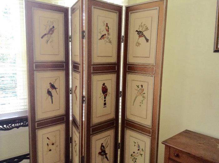 Room divider screen with hand painted birds