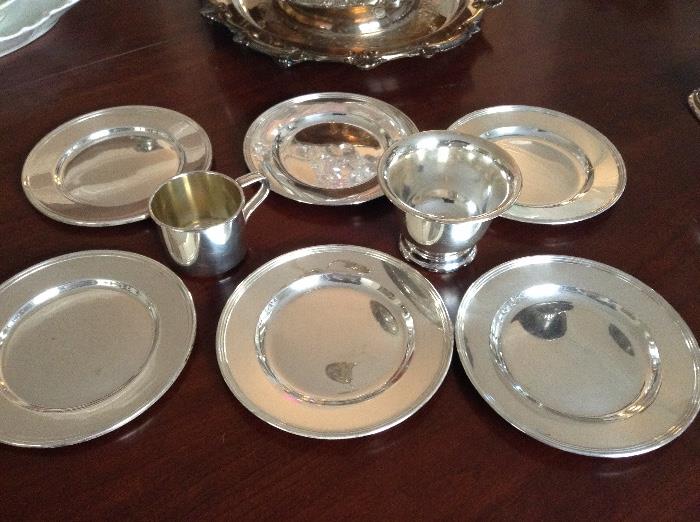 Sterling baby cup, nut dish, & set of plates