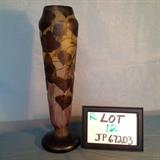 JP012 R - #620 Signed Daum Nancy Cameo & Enamel Vase-Leaves