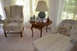 Wingback chair and chaise lounge, Ethan Allen drop leaf side table, lamps