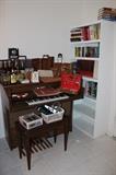 Kimball organ and bench. Hard back books, vintage travel bar sets.