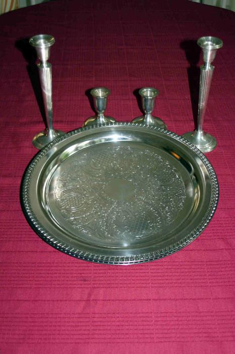 Silver Platter & pairs (2) of Candlesticks