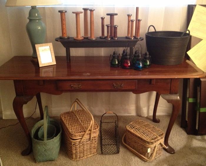 Pennsylvania House Dropleaf Console Table, Baskets, Spindles, Lantern Votives