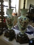 Pair of Hand Painted Jade Glass Lamps