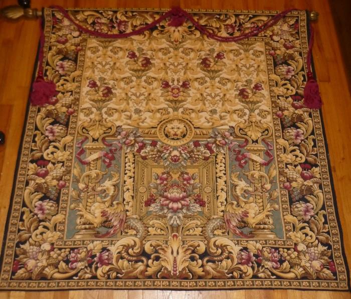 Handfinished Tapestry woven by the Group Flemish Tapestries: Royale 154 x 141 in the Renaissance style, with "Horns of Plenty" in the border. Made in Belgium 100% cotton.