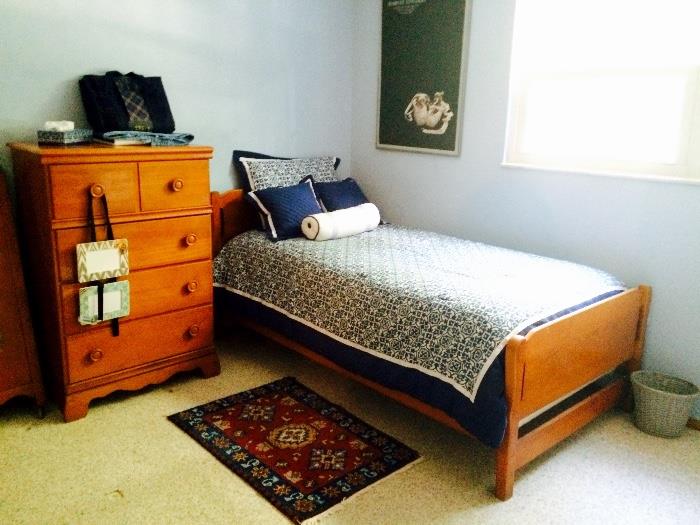 Vintage Twin Bed with Matching Dresser, Bedding, Small Area Rug and More