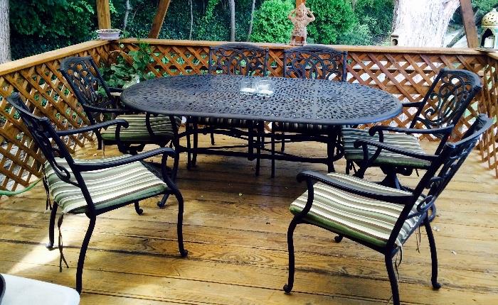 Heavy Iron Patio Table and Six Chairs with Cushions