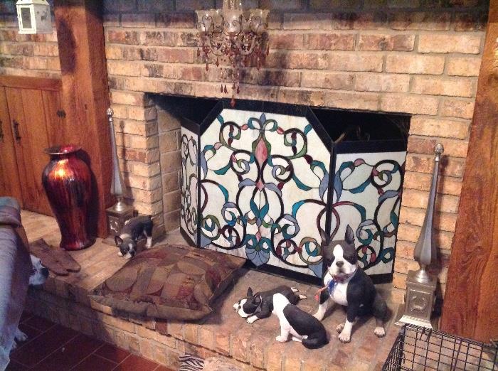 Stained glass fireplace screen, iron Boston Terriers