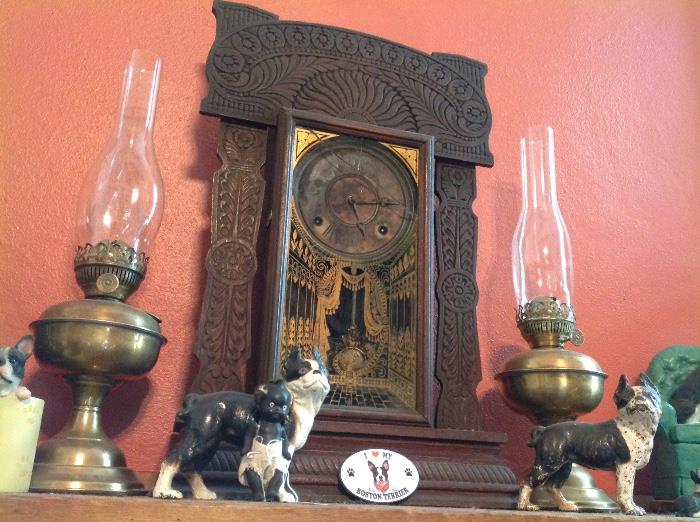 Antique clock, iron Boston Terriers
