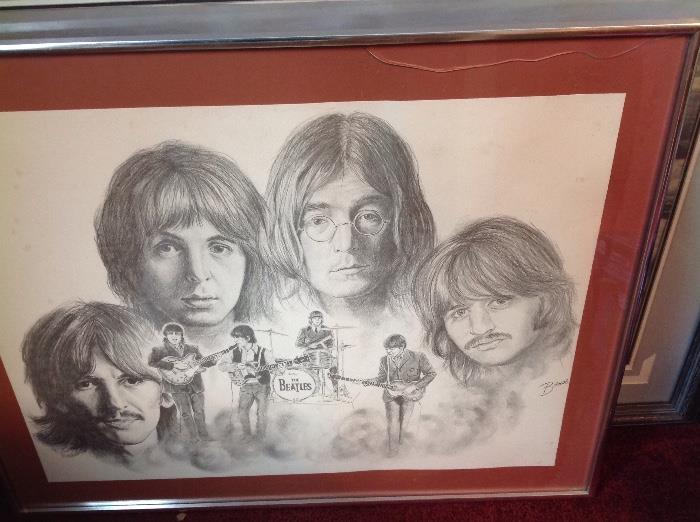 Framed Beatles charcoal drawing, signed Barse