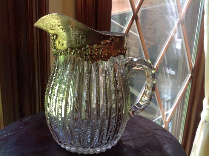 Crystal pitcher, Sterling top.  Black, Starr and Frost.  Inscribed, "Horse Shoe Harbor Yacht Club.  July 1st, 1897.  Second prize, won by HERA".  Perfect condition, absolutely gorgeous.