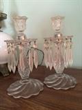 Vintage elegant glass candle holders made by Duncan & Miller from their American Sandwich line with the wax drip catchers and prisms, 1930's to 1950's