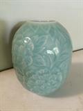 Vintage Japanese Porcelain Vase with finely cared flowers in a pale blue glaze, 1950's era.
