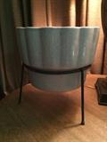 Vintage 1950's potter flower pot with mid century modern metal wire stand.