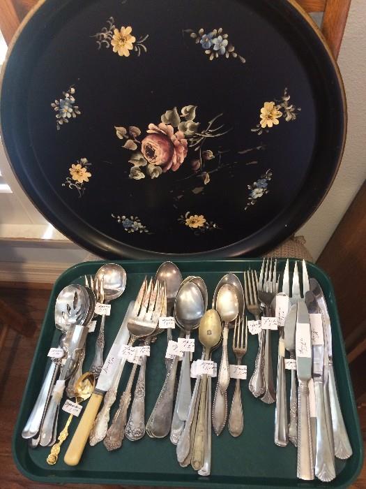 Tole trays; variety of forks, spoon, & knives