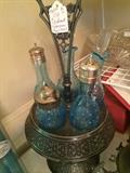Very old condiment set (aqua blue glassware)