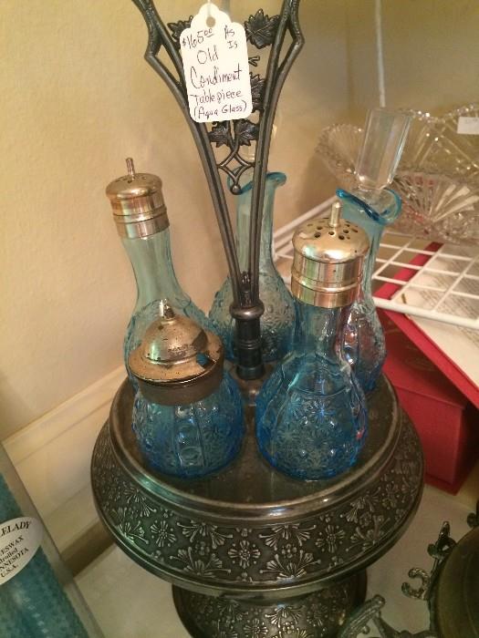 Very old condiment set (aqua blue glassware)