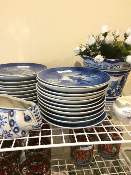 Royal Copenhagen plates & other blue & white items; Christmas glasses