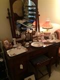 Antique dresser and vanity bench; dresser sets