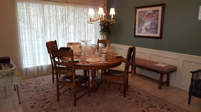 Crystal vases, beautiful rug, artwork and Ethan Allen Bench
