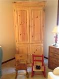 pine wardrobe and two children's chaird