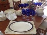 Crate and Barrel cobalt blue stemware. Royal Doulton Stanwyck china service for 8 with serving pieces.